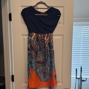 Maternal America Navy Bodice Paisley Midi Dress with Orange Hem